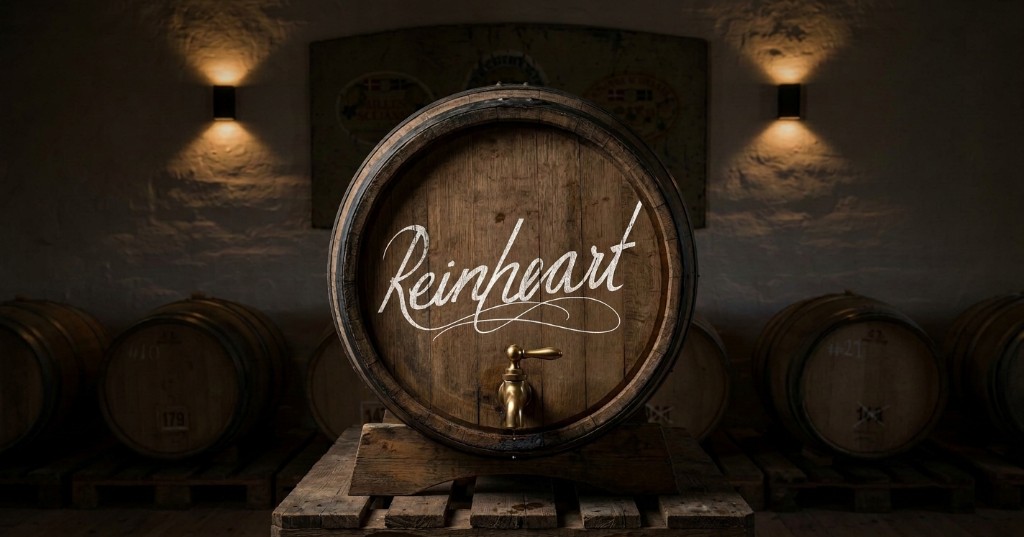A Reinheart cask in the cellar, the name written in white script across the oak, with a brass spigot.