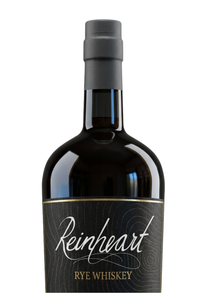 Reinheart rye whiskey: a dark bottle, charcoal capsule, and a gold script label.